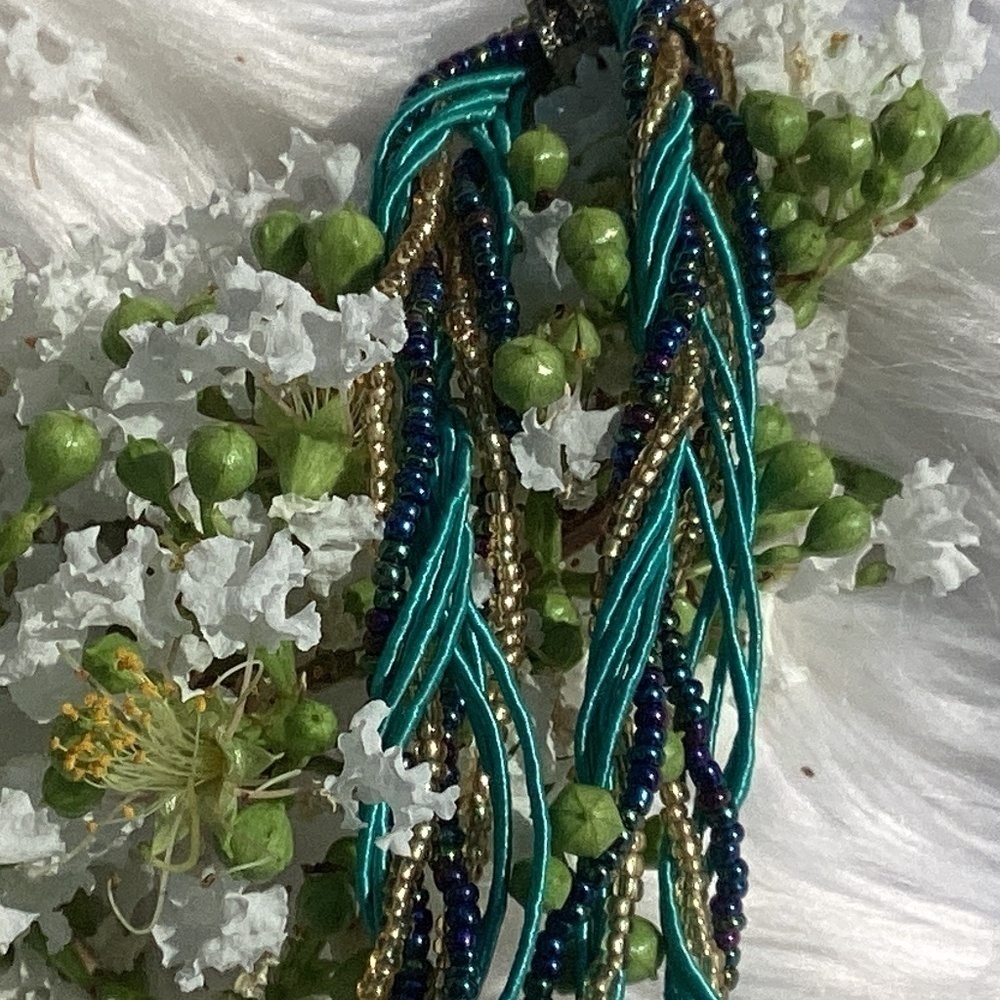 Bohemian Twist Beaded Fabric Blue Rhinestone Orb Pendant Necklace - Picture 6 of 9